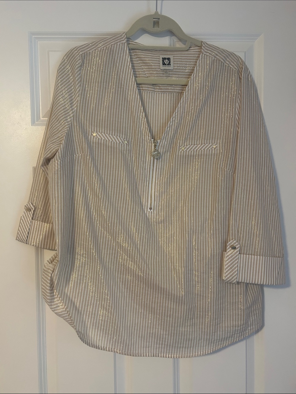 Anne Klein 3/4 sleeve gold metallic and cream stripe tunic top size large